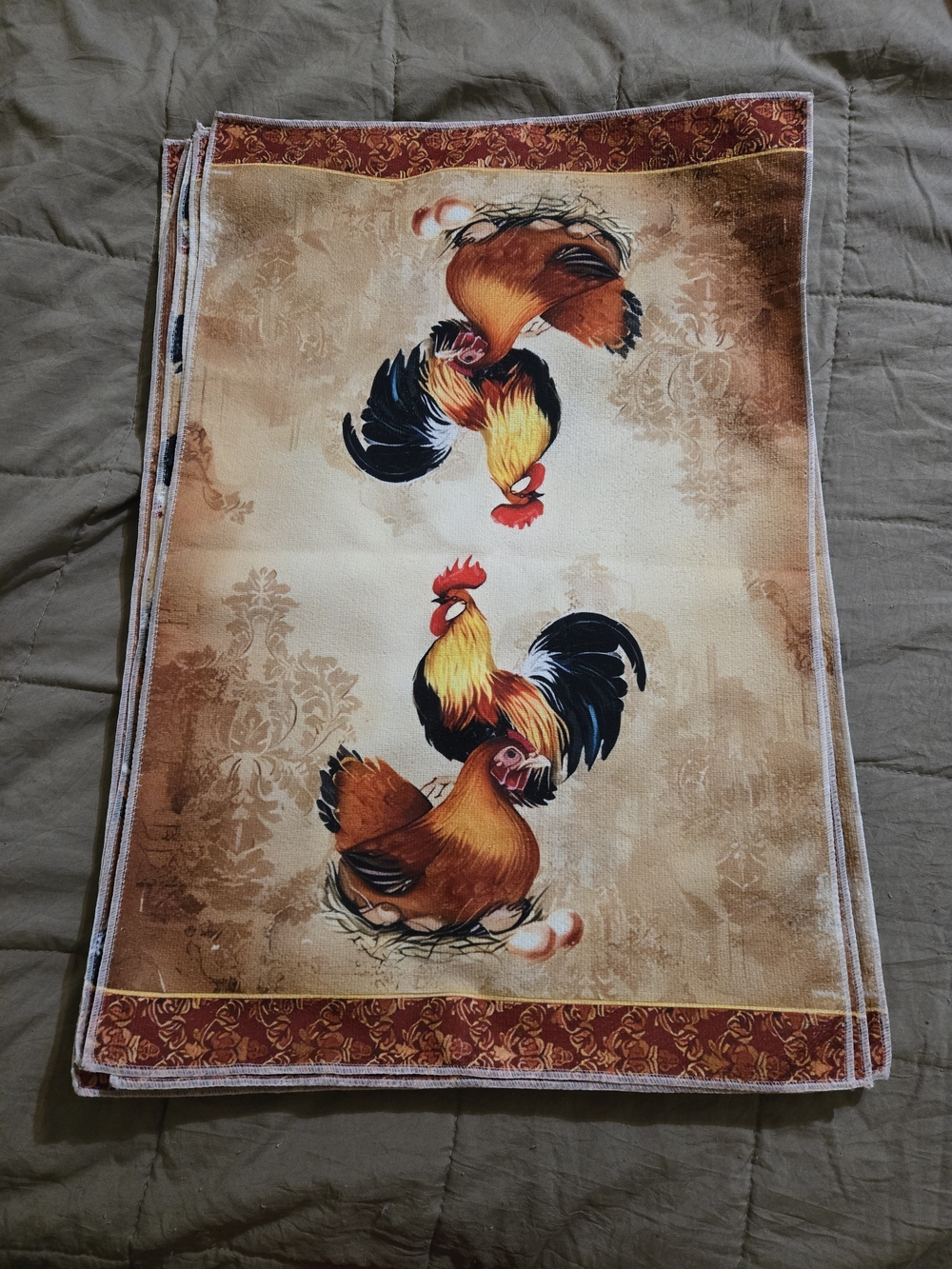 Set Of 6 Rooster Print Microfiber Kitchen Towel - Warm Brown & Cream NIP